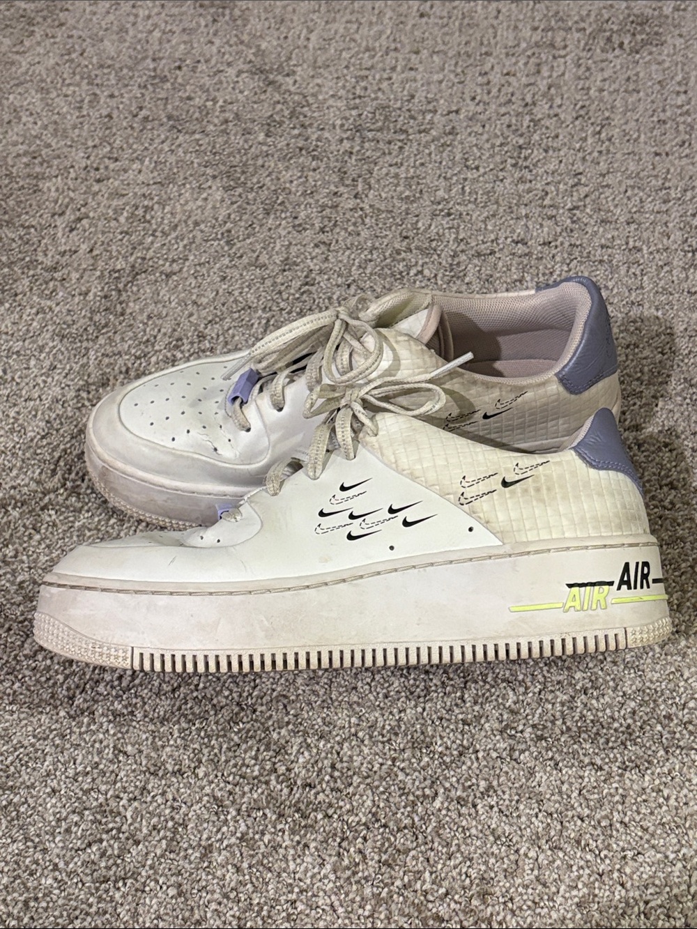 Nike Off-White Platform Sneakers with Lavender Heel and Neon Yellow AIR